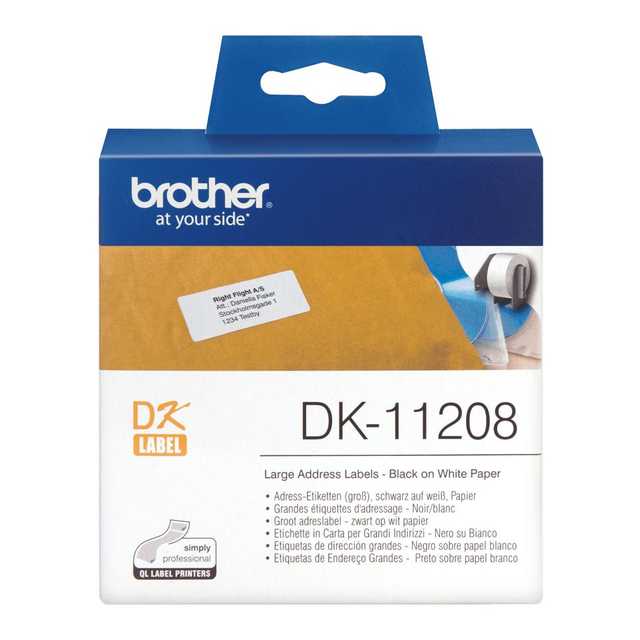 [DE-RIBR-DK11208] Brother DK-11208 Large Address Labels – 38 × 90 mm, Black on White, 400 Labels/Roll (4821.90)