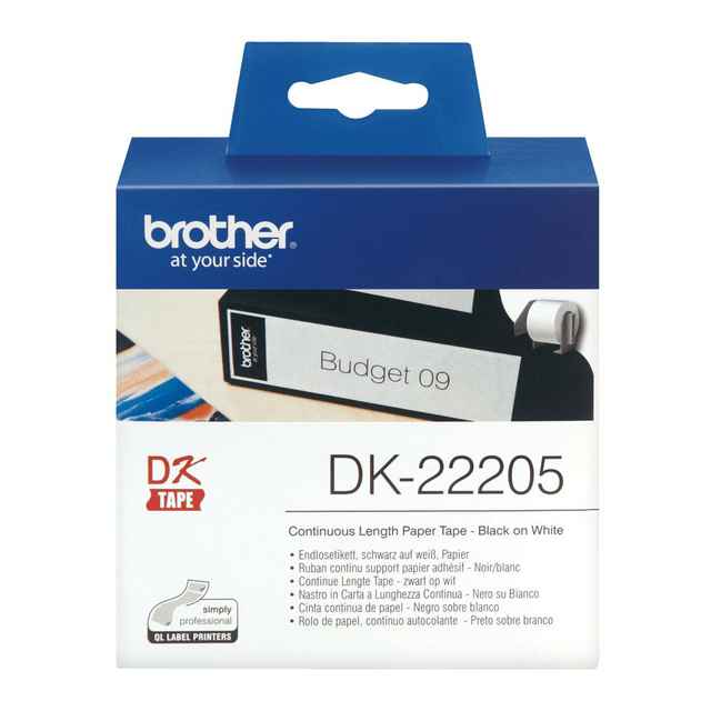 [DE-RIBR-DK22205] Brother DK-22205 Continuous Paper Labels – 62 mm × 30.48 m, Black on White