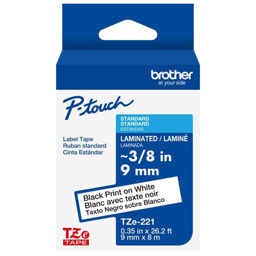 [MR-RIBR-TZ221] Brother P-Touch TZe-221 Black on White Laminated Label Tape – 9mm x 8m