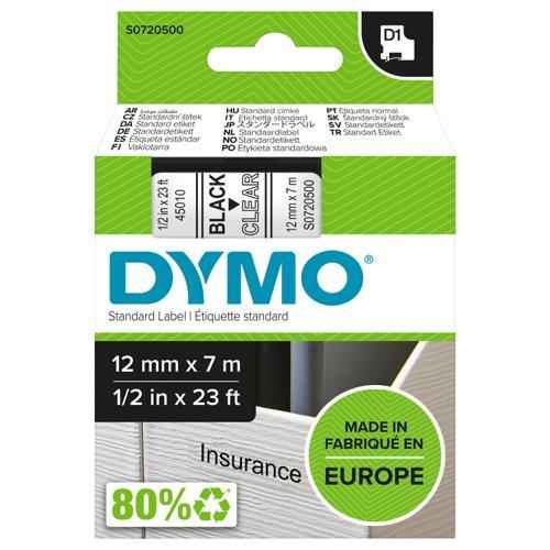 Dymo D1 Standard Label Tape 12mm x 7m (Black on Clear - 45010)