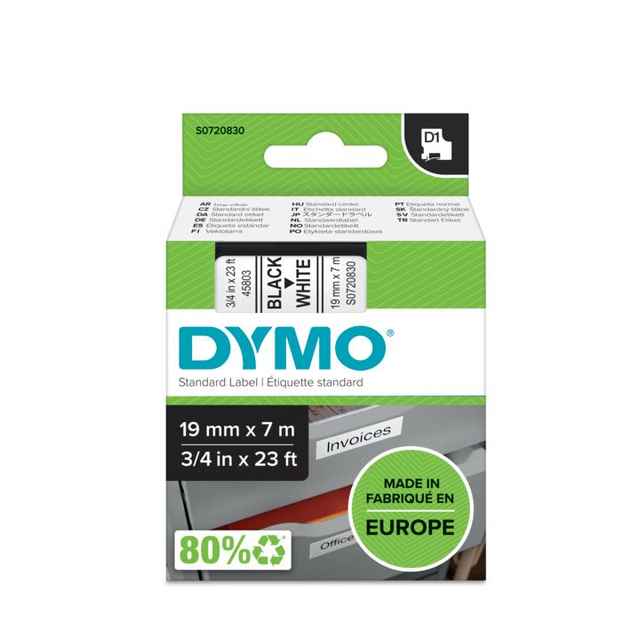DYMO D1 45803 / S0720830 Label Tape, 19 mm × 7 m, Black on White (391910)