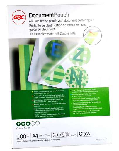 GBC Document Gloss Laminating Pouches A4 250 Micron Pack of 100 (3200723)