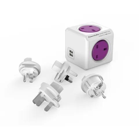 [CC-PCUBE-1850] Allocacoc PowerCube ReWirable USB + 4 Travel Plugs, 4 Outlets, 2 USB-A Ports, Purple (853669)