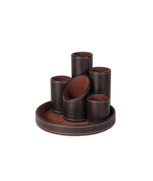 DESK TIDY CYLINDRICAL FAUX LEATHER BROWN x5 TUBES OSCO